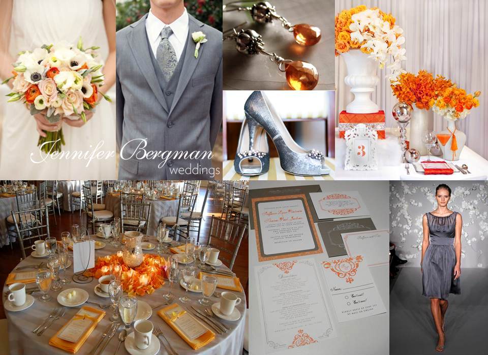 grey white and orange wedding