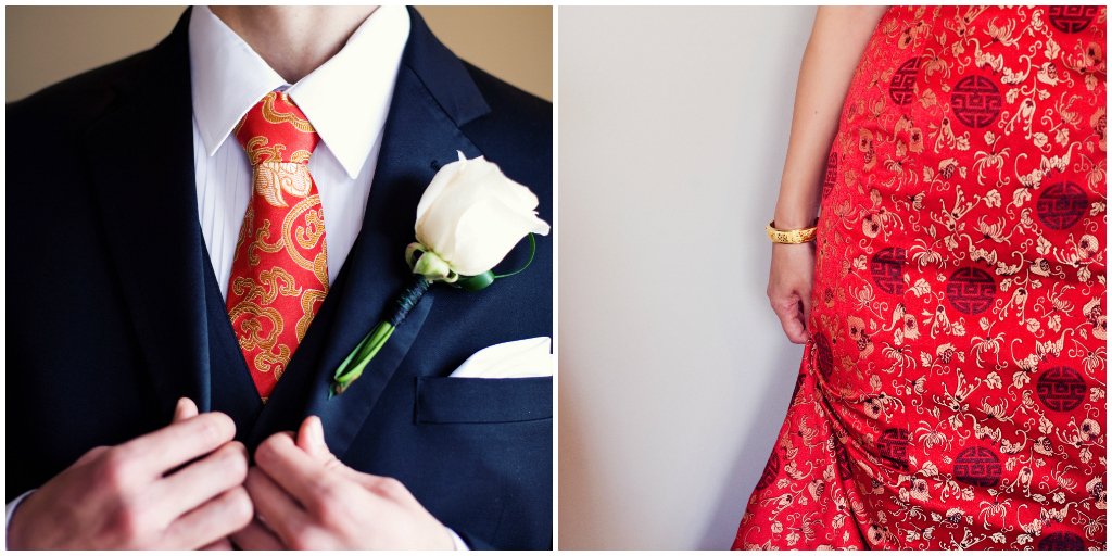 Chinese Red Tea Ceremony Dress, White Rose Boutonniere