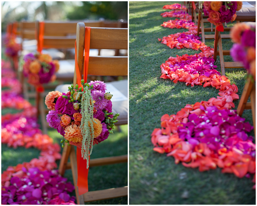 Pink and fuchsia flower balls scallop aisle petals