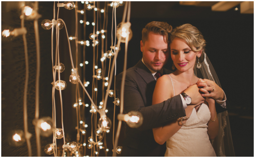 Cafe lights at altar wedding