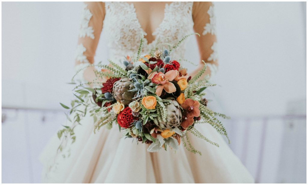 Unique Bridal Bouquet, Artichoke and orchid bridal bouquet