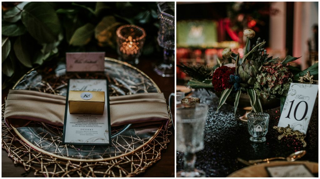 Gold detail wedding place setting, gold placemat with gold rimmed charger plate