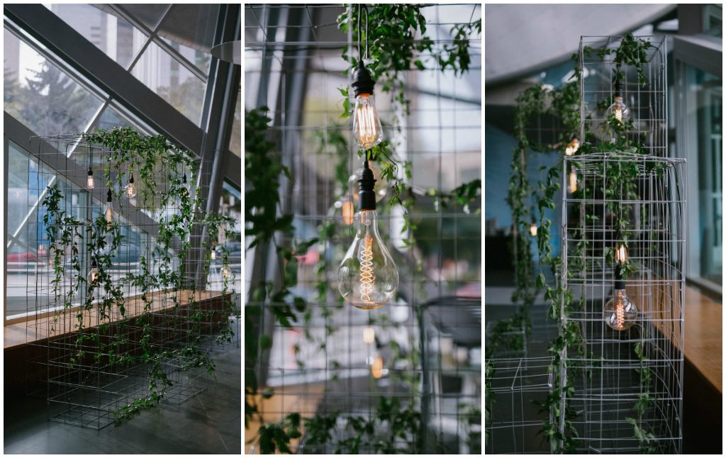 Wire cage and industrial light ceremony backdrop