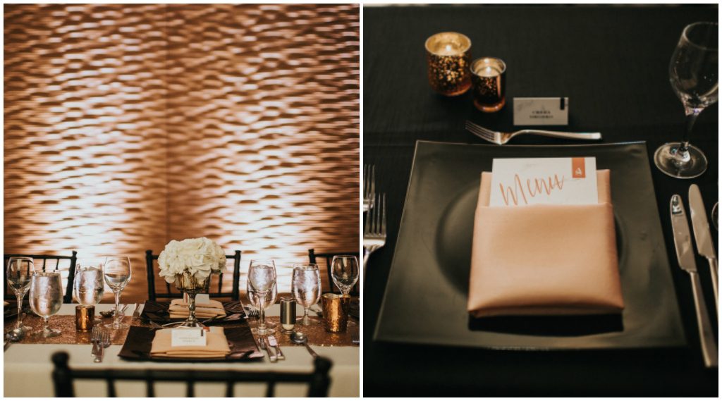 Modern Black Square Charger Plate with Rose Gold napkin 