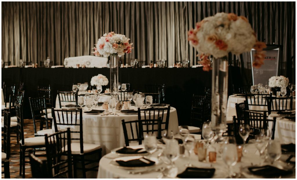 Mixed Height Centrepieces, Edmonton Sophisticated Ballroom Wedding