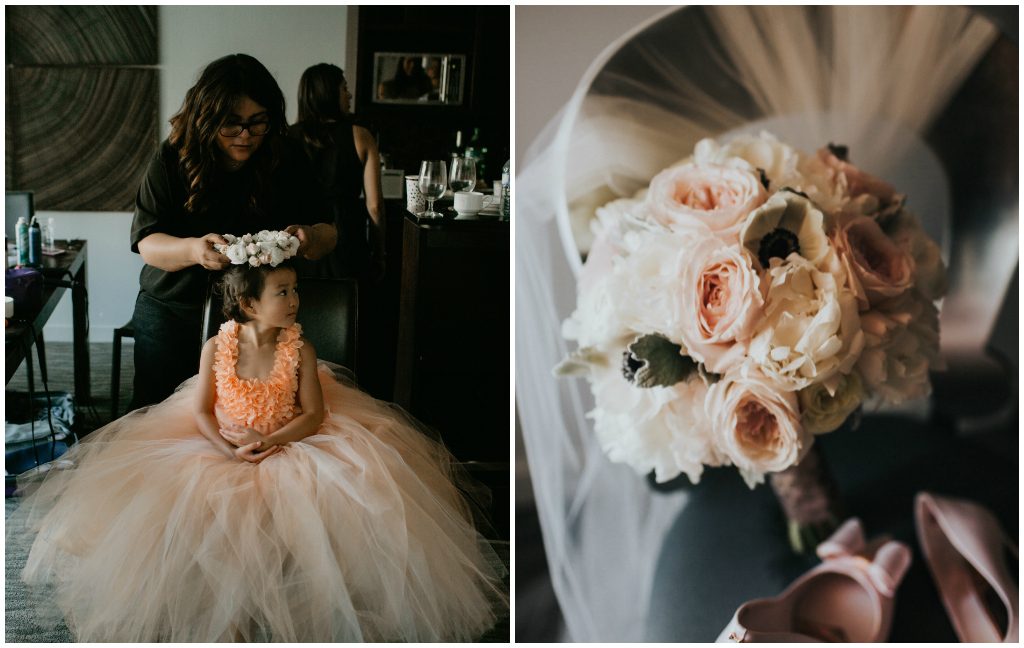 Peach Flower Girl, Peonie rose and anemone floral bouquet 