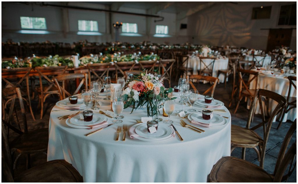 Low Wedding Centrepieces of Peach and Coral