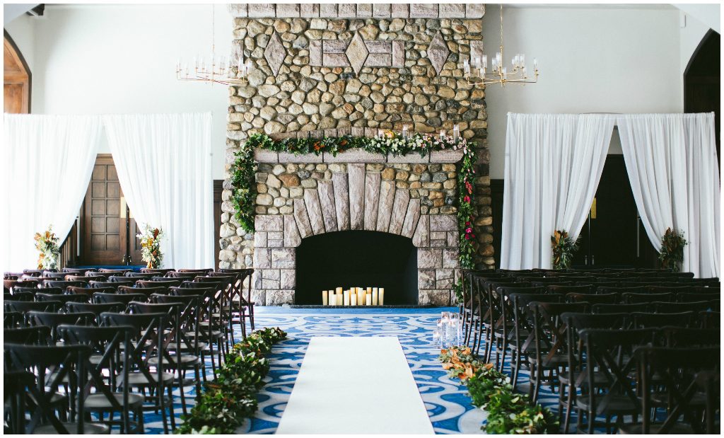 Pillar Candle Fireplace with Greenery, Ceremony Greenery Runner 