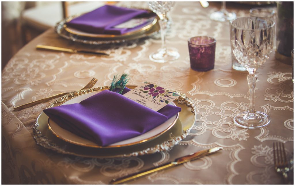 Purple Napkin Place Setting Gold Cutlery Victoria Wedding Details 