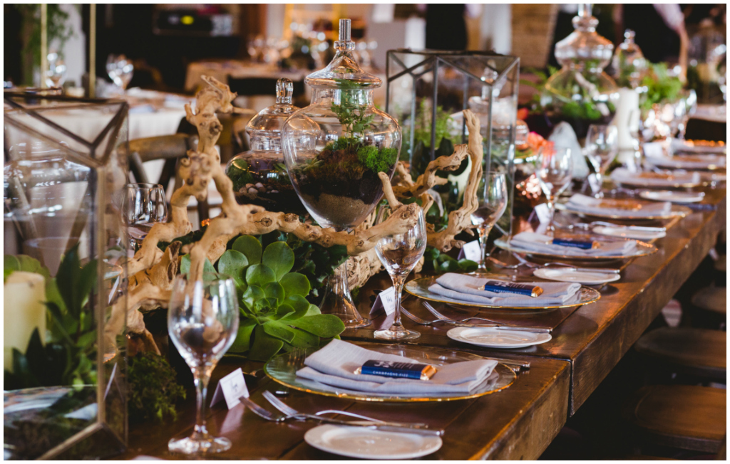 Long Wooden Harvest Table with Glass Gold Charger Plates