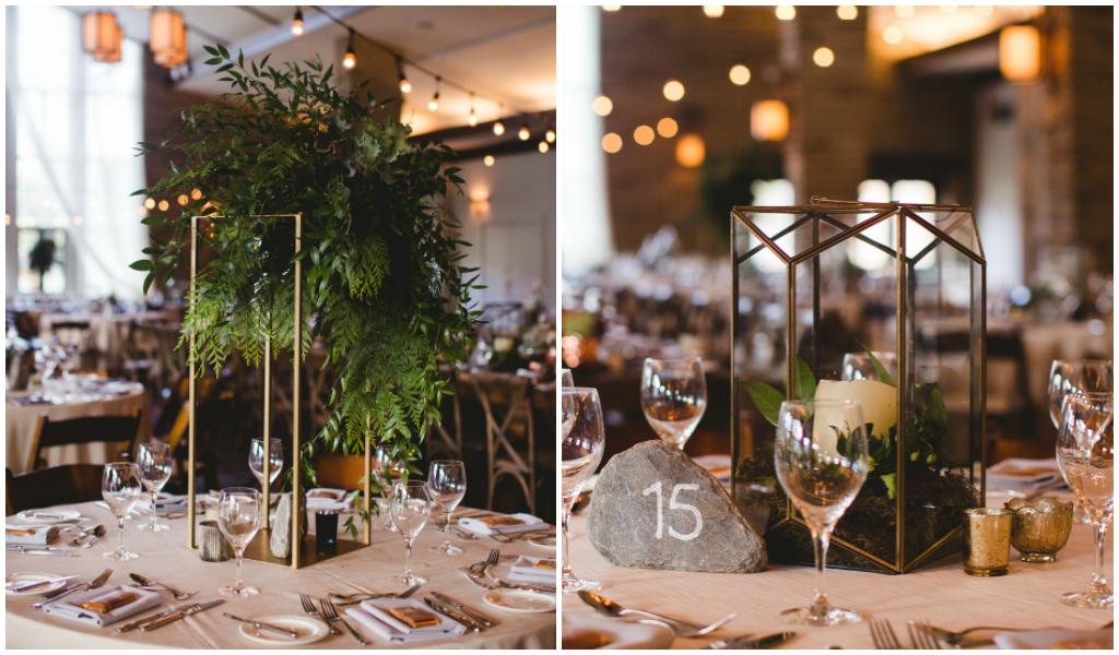 Cream linen with Gold Frame with Greenery centrepiece, Stone table number, rock table number