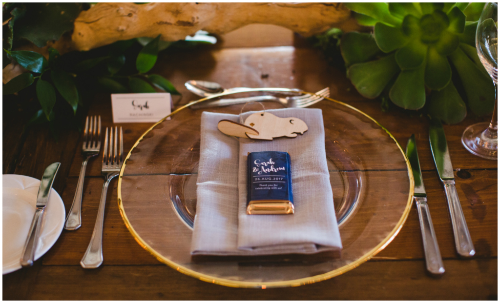 Gold Rim Charger Plate with Grey Napkin, Jasper Park Lodge Weddings