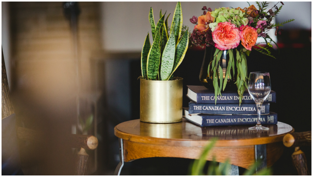 Snake Plant Wedding Décor, Gold and Peach Wedding Florals