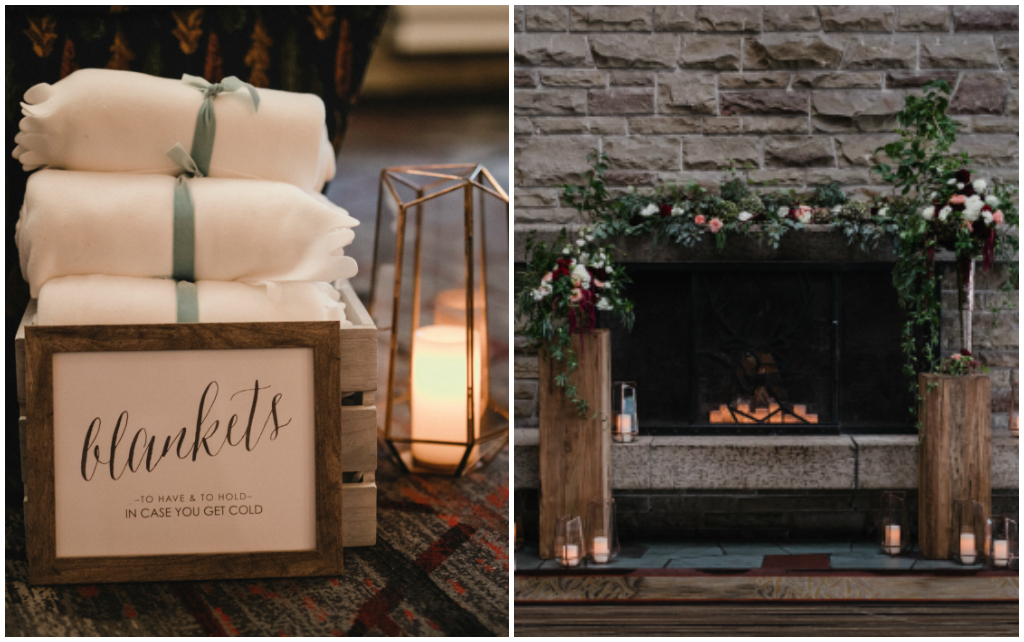 Burgundy, peach and white florals on wooden pillars