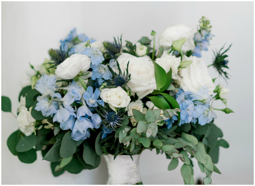 Calgary Wedding Florist, Classic white and blue bridal bouquet