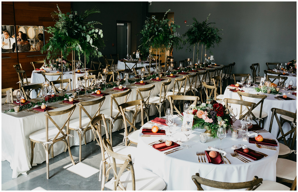 Rustic Vineyard Chairs with White linens and Burgundy napkins