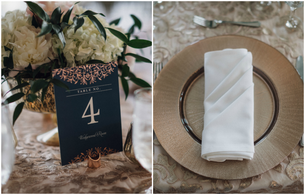 Navy and Gold Table Numbers, Gold Burst Charger Plates