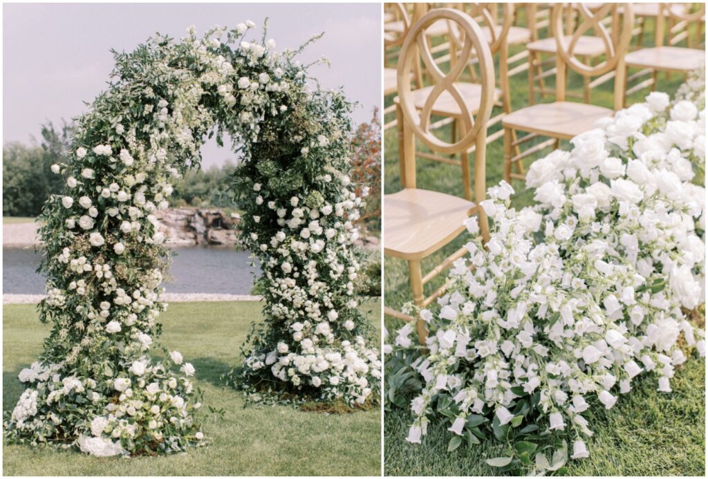 Outdoor floral arch white green wedding