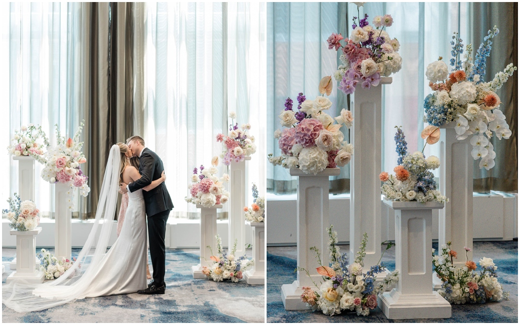 Colorful wedding florals on pillars
