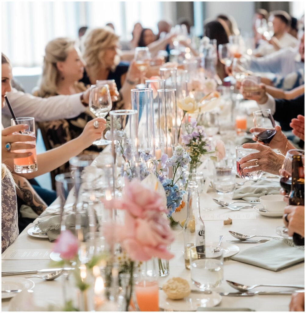 Colorful pastel wedding tablescape bud vases