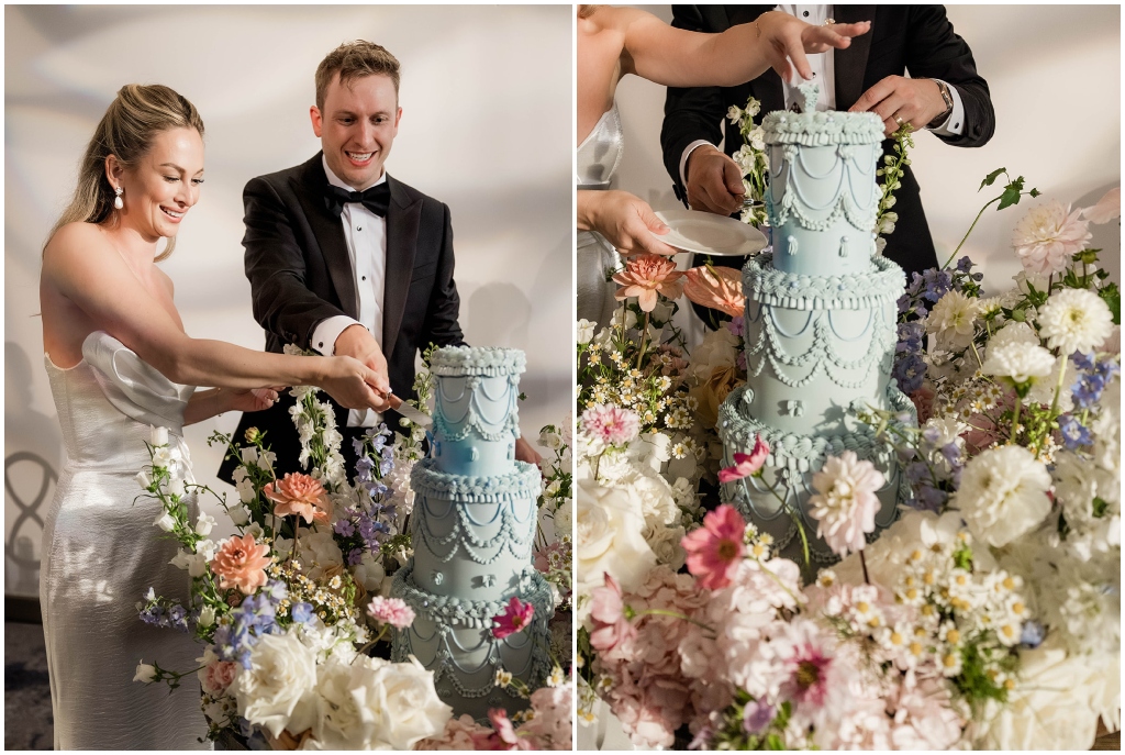 Vintage piped blue wedding cake